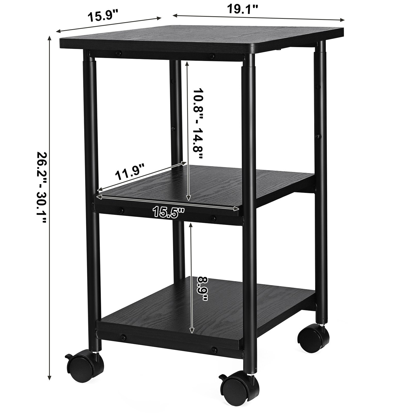 VASAGLE Industrial Printer Stand, 3-Tier Machine Cart with Wheels and Adjustable Table Top, Heavy Duty Storage Rack, Black - WoodArtSupply