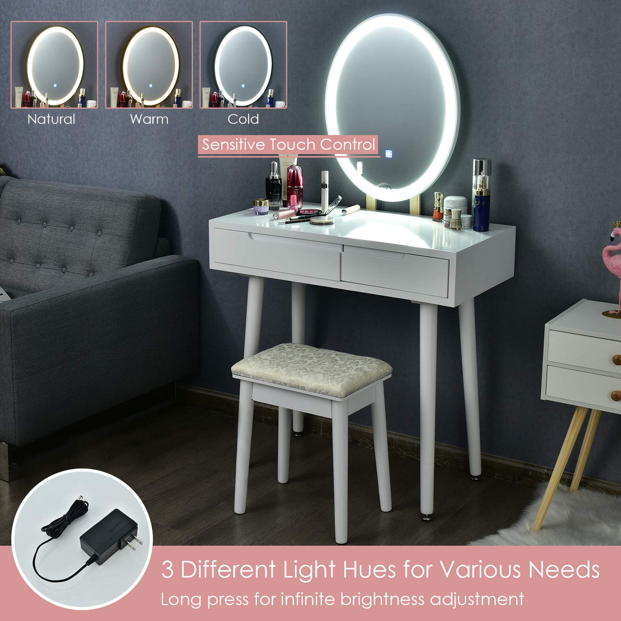 CHARMAID Vanity Set with Lighted Mirror, 3 Modes Adjustable Brightness Mirror, Makeup Dressing Table with Cushioned Stool, 2 Sliding Drawers with Divider, Modern Bedroom Vanity for Girls Women (White) CHARMAID