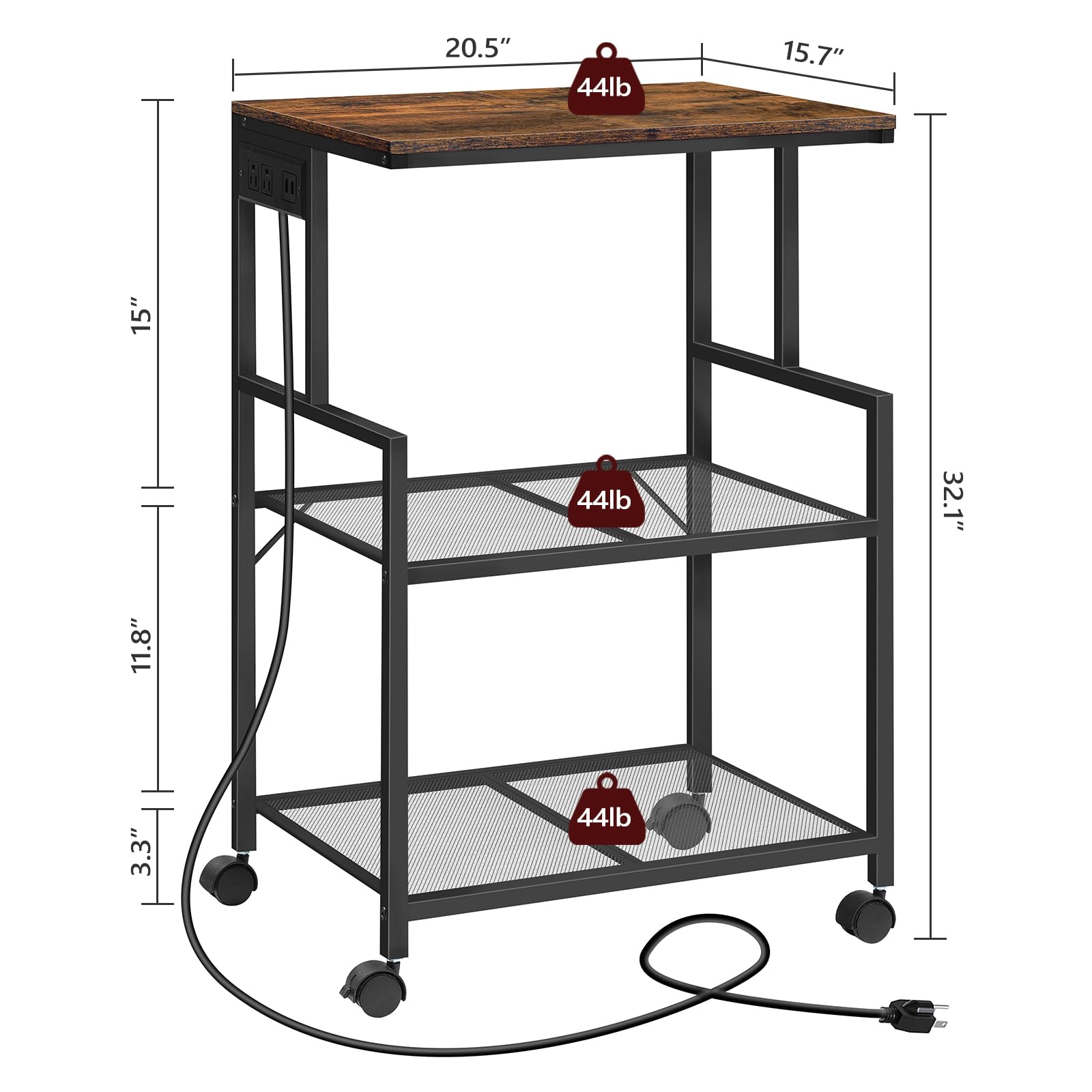 MAHANCRIS Mobile Printer Stand, 3-Tier Industrial Printer Cart with Power Outlets and 2 USB Ports, Rolling Printer Table on Wheels for Home Offices Kitchen Organization Rack, Rustic Brown PTH - WoodArtSupply