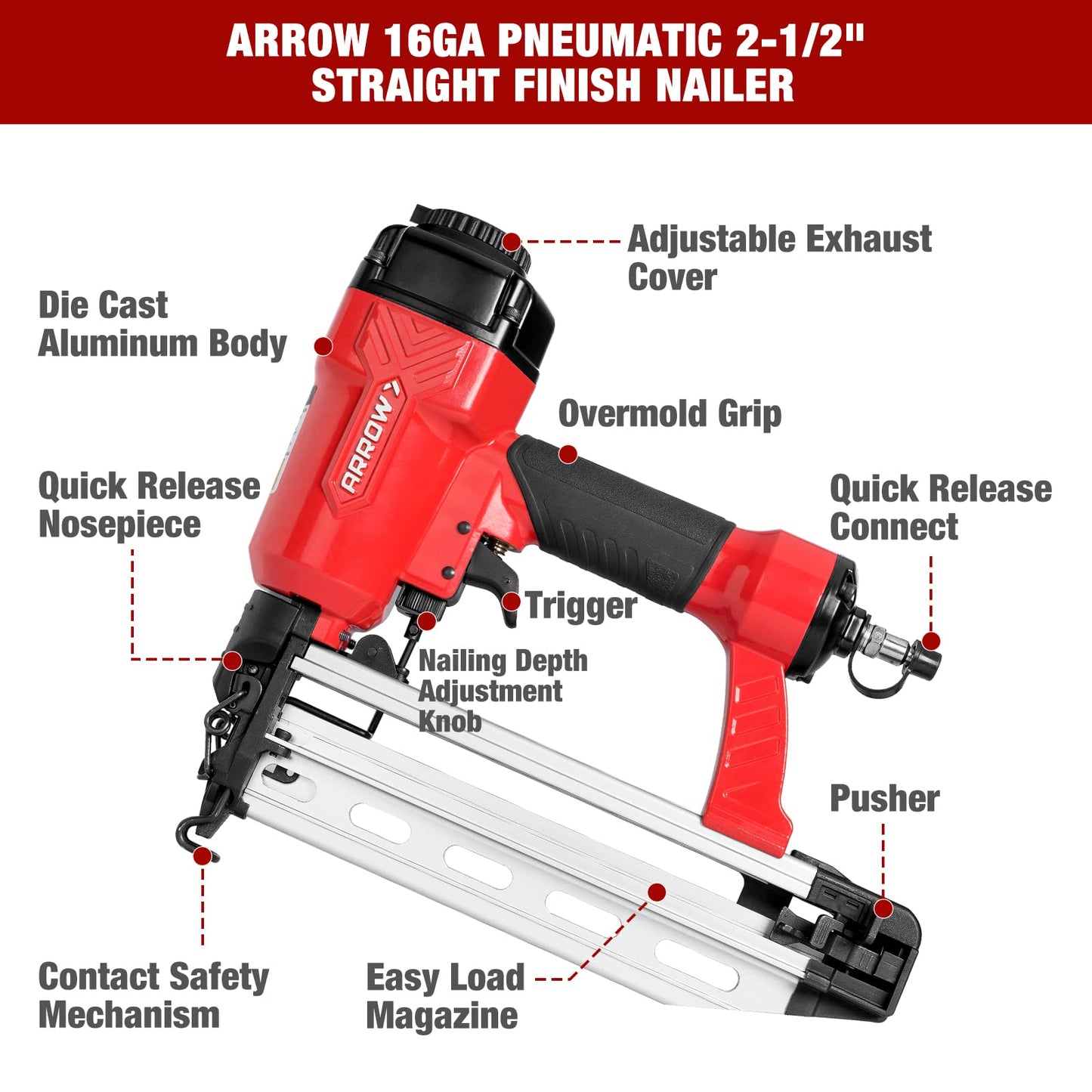 Arrow Pneumatic 16 Gauge Finish Nailer with 1000 Pcs Nails, 16 GA Professional Straight Nail Gun Kit, Oil-free Design, Depth Adjustable, Dryfire-lockout, Fits 1-1/4-Inch to 2-1/2-Inch Finish  - WoodArtSupply