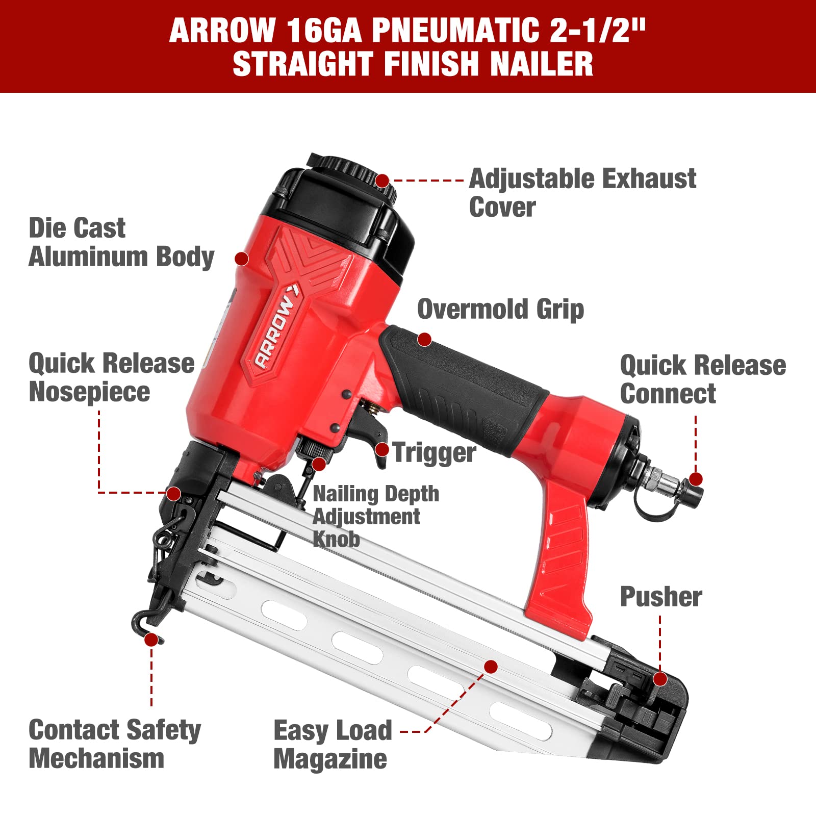 Arrow Pneumatic 16 Gauge Finish Nailer with 1000 Pcs Nails, 16 GA Professional Straight Nail Gun Kit, Oil-free Design, Depth Adjustable, Dryfire-lockout, Fits 1-1/4-Inch to 2-1/2-Inch Finish  - WoodArtSupply