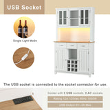 Brabrety Farmhouse 70'' Kitchen Pantry Storage Buffet Cabinet with LED Outlet,Tall Kitchen Hutch Cabinet with Wine Glass Racks and 3 Drawers,for Home Dining Room Living Room (White@Outlet) Brabrety