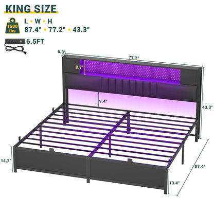 Unikito Black King Size Bed Frame with LED Light, Power Outlet, Upholstered Headboard, and Storage Solutions - WoodArtSupply