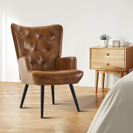 Furnimart Faux Leather Accent Chair Mid Century Modern Living Room Chairs; Comfy Armchair Leisure Vanity Guest Wingback Chair for Office Study Vanity Bedroom Waiting Room PU Yellow Brown Furnimart