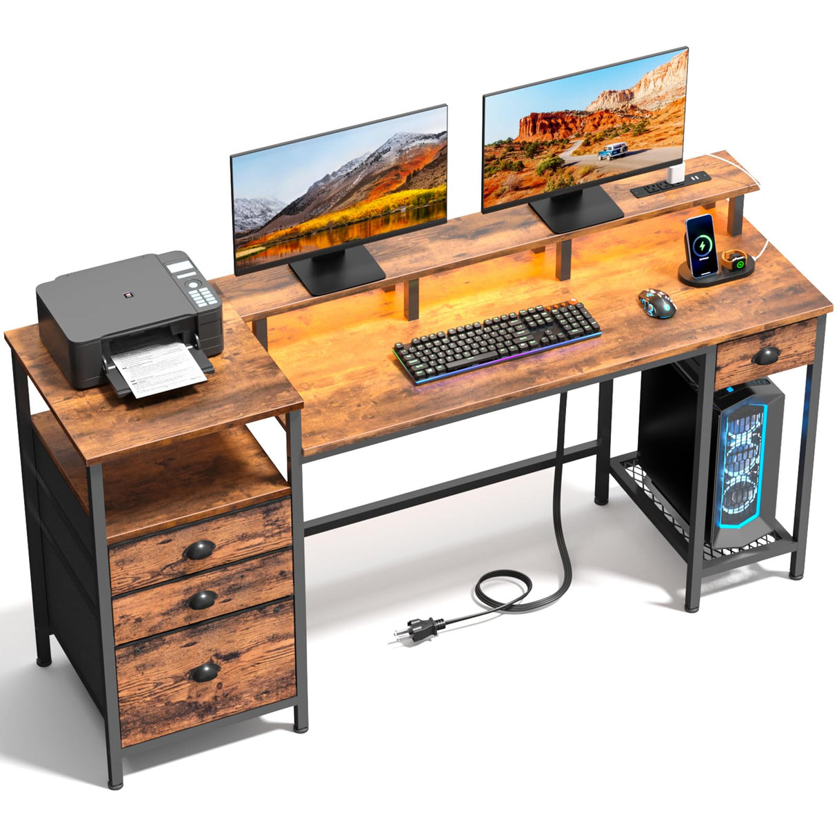 Furologee Computer Desk with Drawers, 60" Office Long Desk with Fabric File Cabinet and Power Outlets, Gaming Desk with LED Lights, Study Writing Work Desk for Home Office, Rustic Brown Furologee