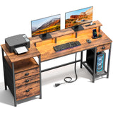 Furologee Computer Desk with Drawers, 60" Office Long Desk with Fabric File Cabinet and Power Outlets, Gaming Desk with LED Lights, Study Writing Work Desk for Home Office, Rustic Brown Furologee