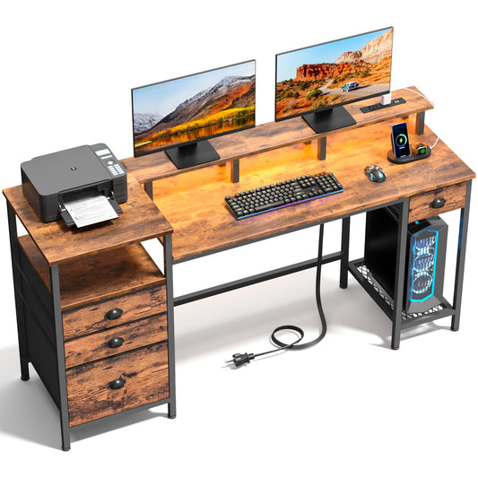 Furologee Computer Desk with Drawers, 60" Office Long Desk with Fabric File Cabinet and Power Outlets, Gaming Desk with LED Lights, Study Writing Work Desk for Home Office, Rustic Brown - WoodArtSupply