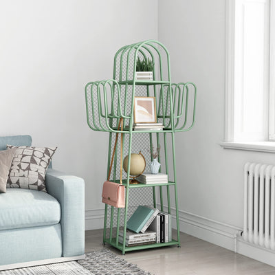 DOORXIF 4-Tier Ladder Green Bookshelves Freestanding, Cactus Bookcase Storage Organizer Closet Corner Metal Display Cabinet, Corner Green Bookshelf for Small Spaces, Green Bookcase for Bedroom Office