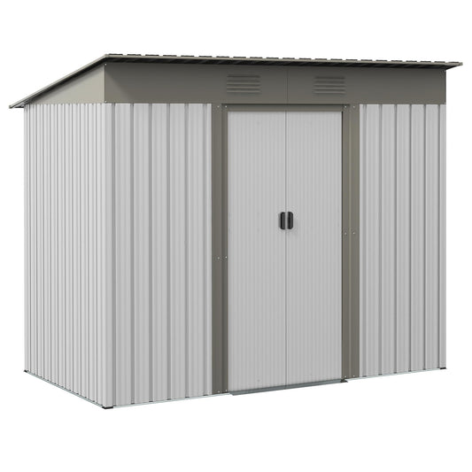 CHUNLY 7' x 4' Outdoor Storage Shed with Double Sliding Doors, Metal Lean to Garden Shed with 2 Air Vents, Tool House Outdoor Storage Room Lockable for Garden Patio Backyard Lawn Silver