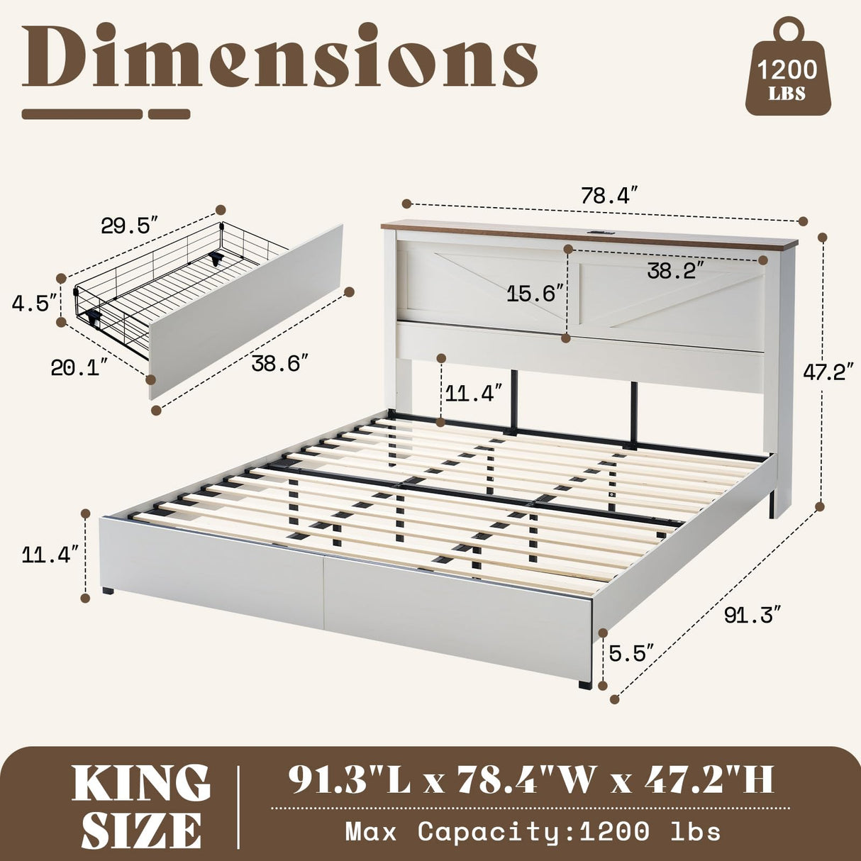 AMERLIFE King 47.2" H Bed Frame with Hidden Space Bookcase Headboard and Charging Station, Beds with 2 Storage Drawers and Wood Slats, No Box Spring Needed, White & Barnwood AMERLIFE