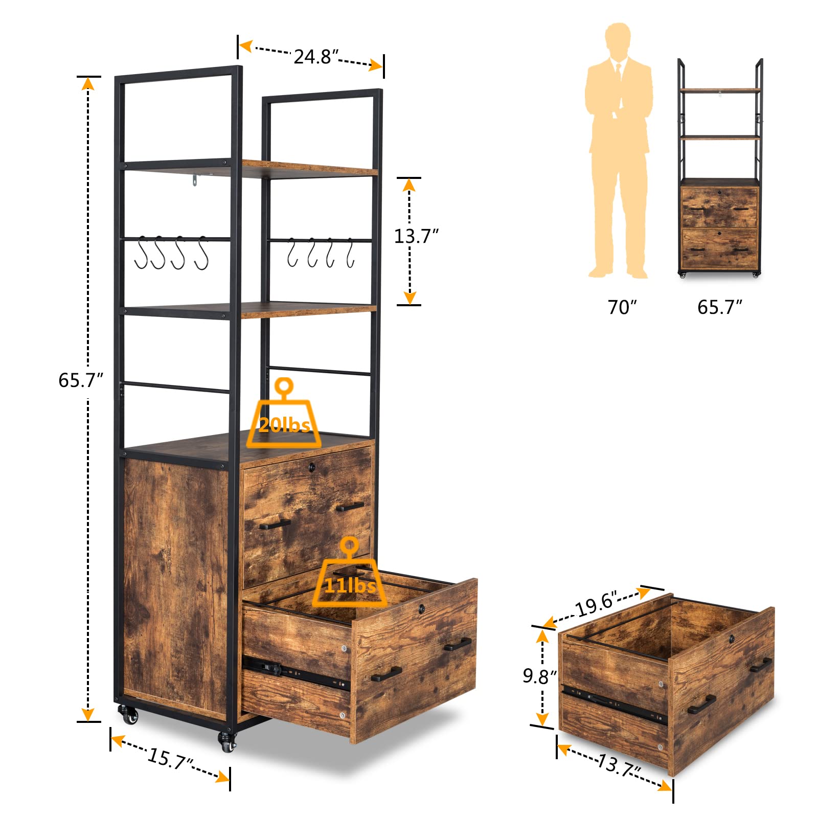 VINGLI Rustic Brown 65.7" Lockable 2 Drawer File Cabinet with Shelves - Versatile Freestanding/Rolling Design for Home Office - WoodArtSupply