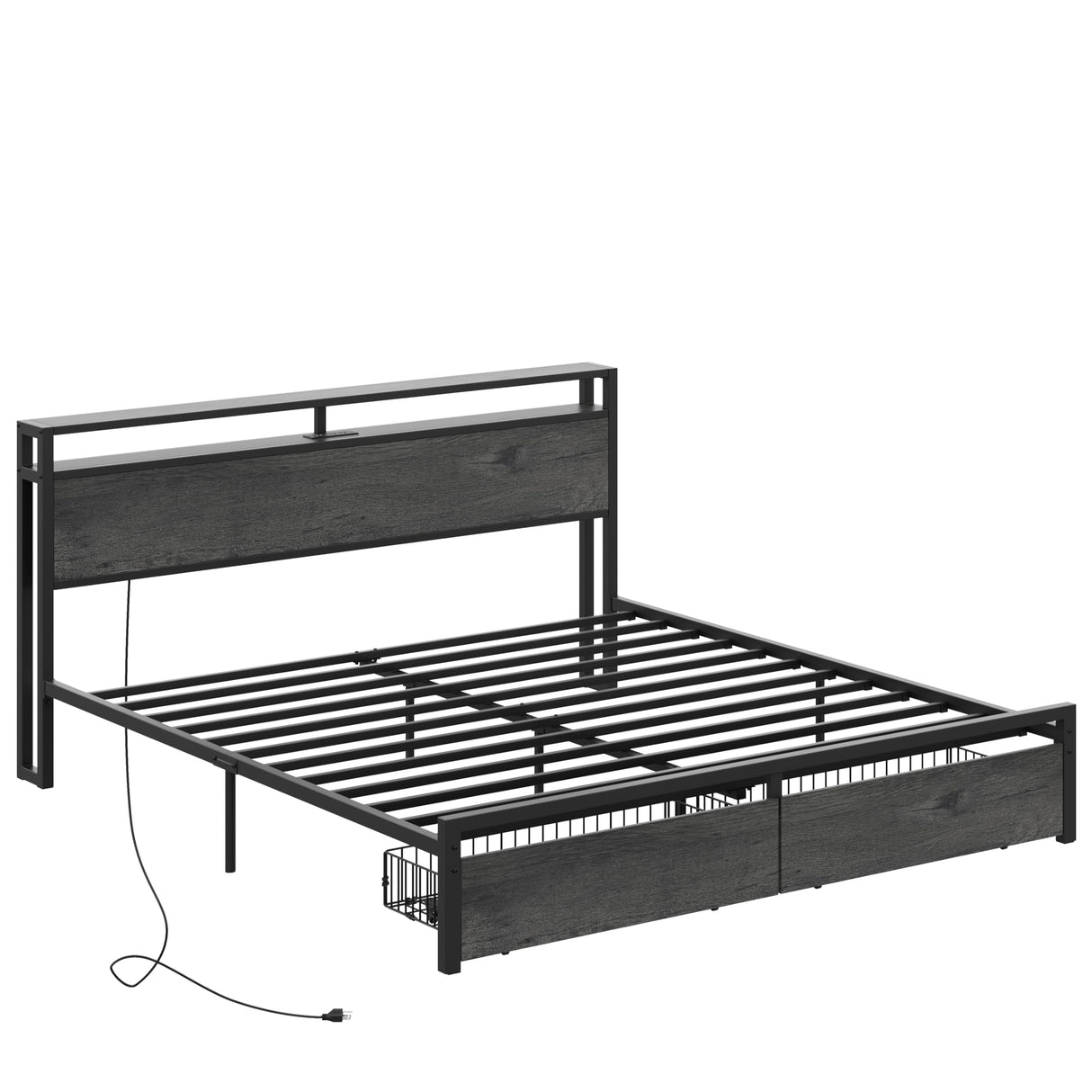 LIKIMIO King Bed Frame with Storage Headboard, Platform Bed with Drawers and Charging Station, No Box Spring Needed, Easy Assembly, Charcoal Grey LIKIMIO