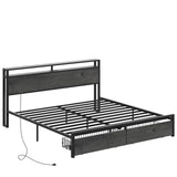 LIKIMIO King Bed Frame with Storage Headboard, Platform Bed with Drawers and Charging Station, No Box Spring Needed, Easy Assembly, Charcoal Grey LIKIMIO