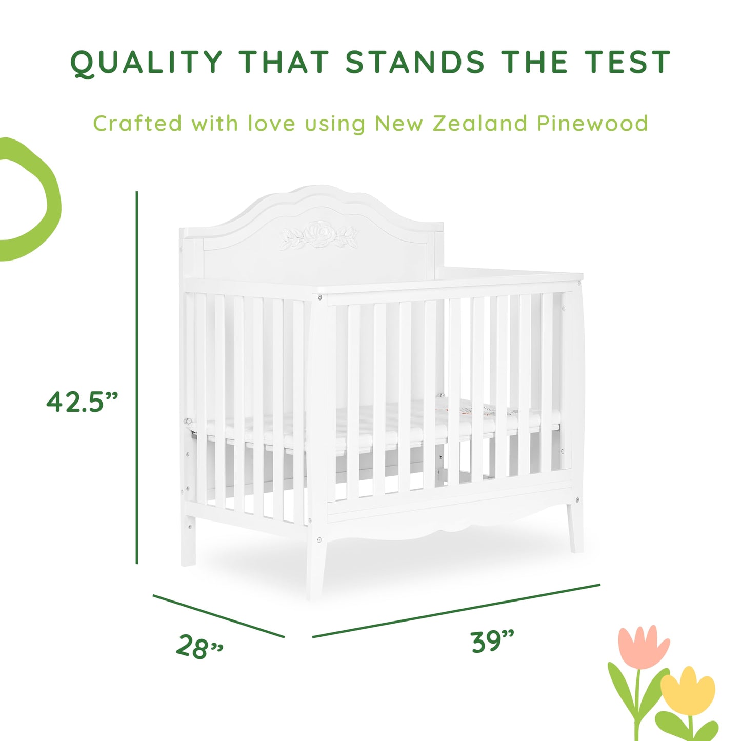 SweetPea Baby Rose 4-in-1 Convertible Mini Crib in White, JPMA Certified Baby Crib, Non-Toxic Finish, New Zealand Pinewood, with 3 Mattress Height Settings