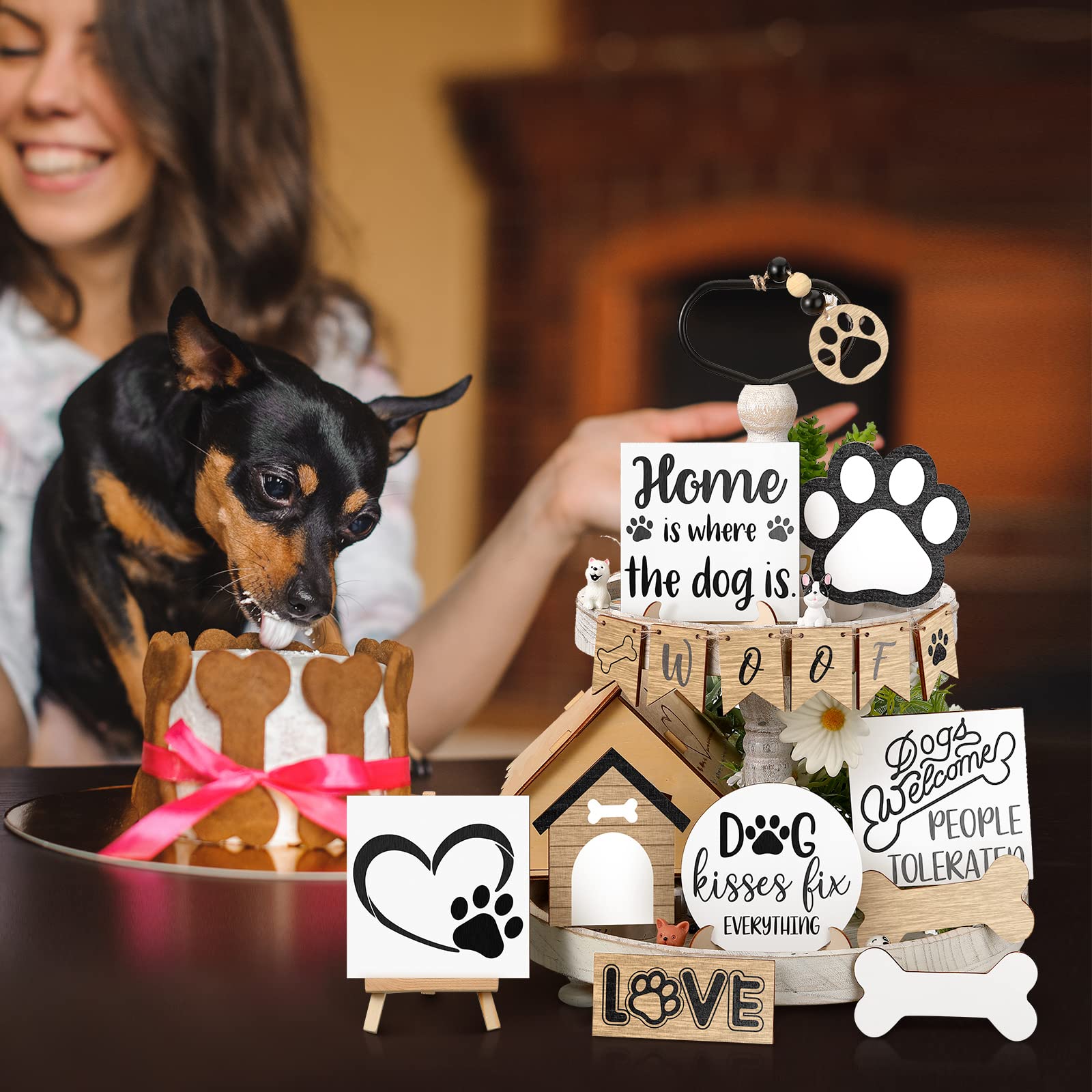 Geelin 16 Pcs Dog Tiered Tray Decor Set Wooden Dog Tray Decor Rustic Farmhouse Paw Bone Farm Decorations Mini Wood Signs for Kitchen Home Table Housewarming Gift - WoodArtSupply