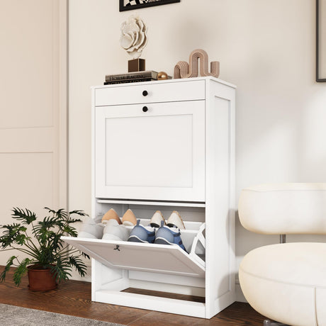 VOWNER Shoe Cabinet with 2 Flip Drawers, Narrow Shoe Storage Cabinet with Drawer, Shoe Cabinet Organizer for Entryway, Hallway, White VOWNER