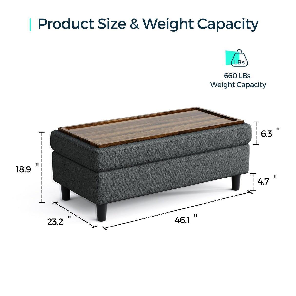 LINSY HOME 46 Inches Wide Storage Ottoman Bench, Linen Coffee Table Long Shoes Bench Footstool, Storage Chest, Foot Rest Stool, for The Living Room, Entryway and Family Room, Dark Gray LINSY HOME