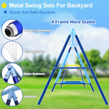 440lbs Kids Swing Set, 3-in-1 Outdoor Playground with Saucer Swing, Belt Seat & 4ft Trampoline, Heavy Duty A-Frame Metal Stand & Safety Stakes, Backyard Playset for Toddlers 3-8 Years Old JYGOPLA
