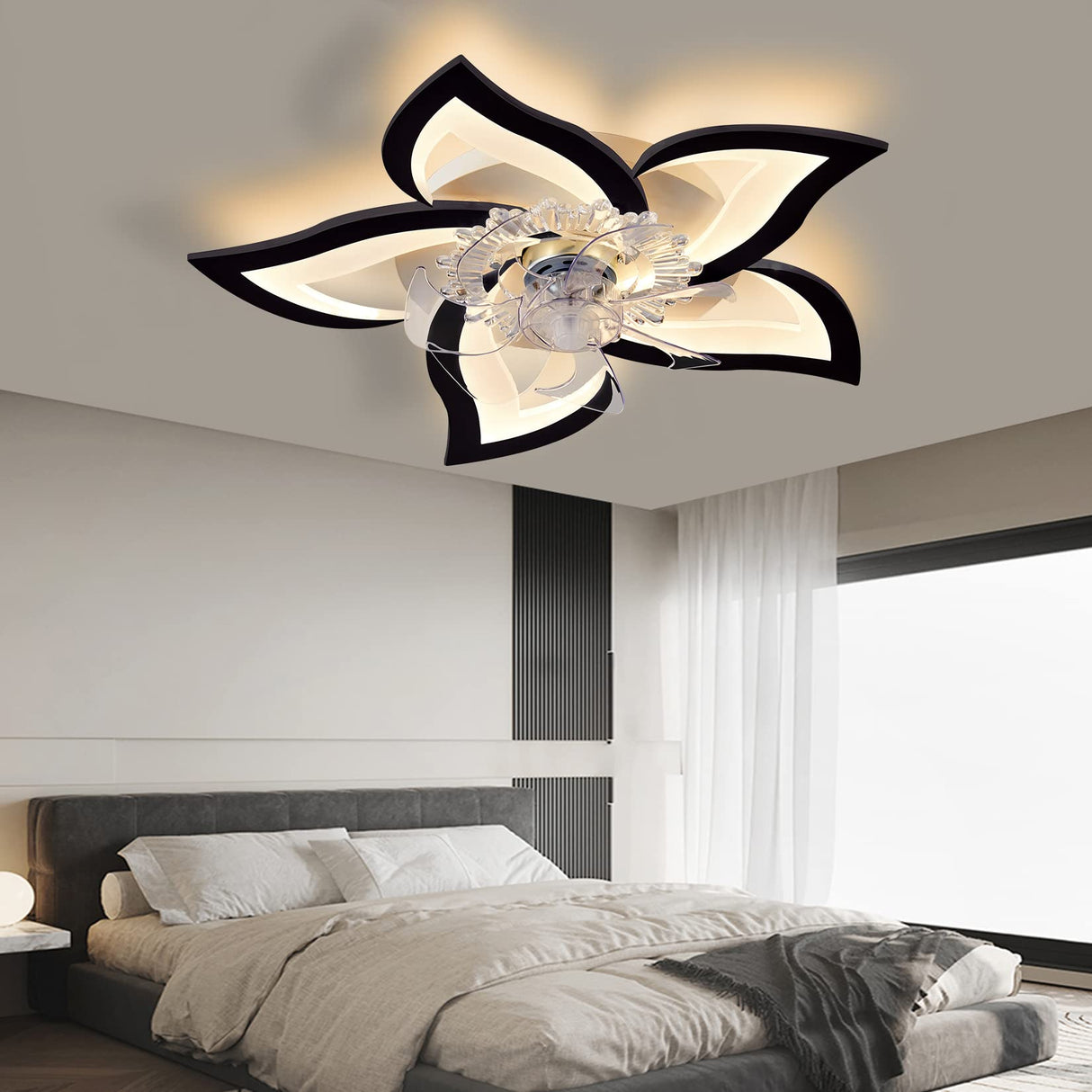 Bevenus Low Profile Ceiling Fans with Lights,27.2” Black Modern Dimmable Flower Shape Ceiling Light Fan with Remote Control/app Control,Timing 6 Gear Speeds Fan Ceiling Lamp. Bevenus