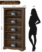 TVU 5-Tier Wooden Bookshelf, 65 Inch Tall Bookshelf with Storage, Floor Standing Modern Style Display Bookcase for Living Room, Office, Study Room, Entryway, Brown TVU