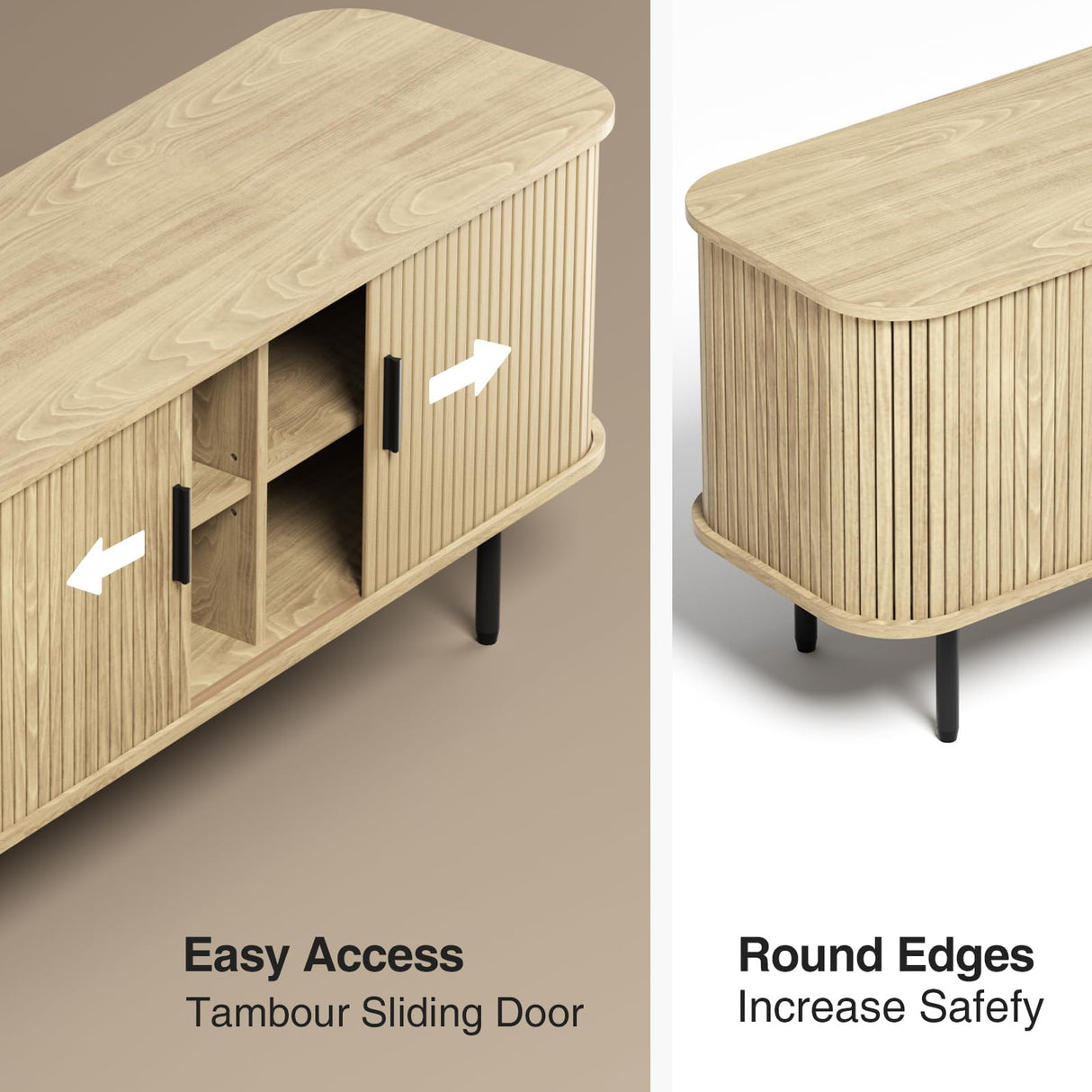 47''W Natural Storage Cabinet, Media Console, Tambour TV Stand, Television Stands with Curvy Edge & Sliding Door, Fluted Cabinet, Buffet Sideboard, Credenza, Table Stand for Living Room, Kitchen FiveWillowise