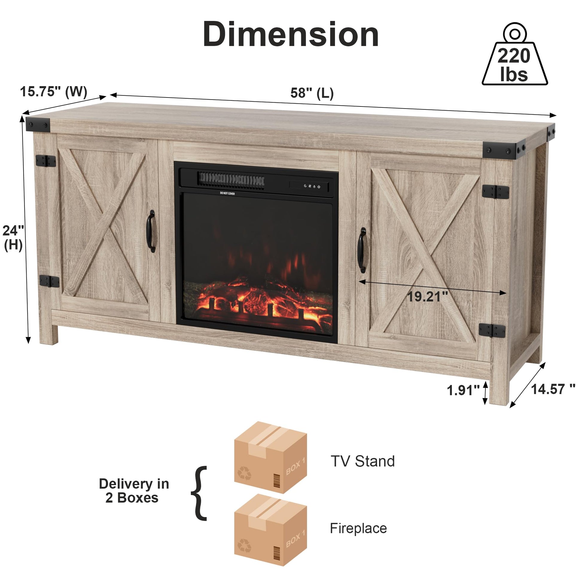 Furmax Fireplace TV Stand for Up to 65 Inches TVs, Farmhouse Entertainment Center with Grooved Barn Doors, Rustic Media Console Table with Storage Cabinets for Living Room (Natural Oak) - WoodArtSupply