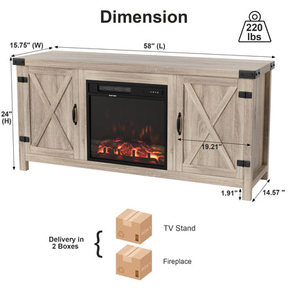 Furmax Fireplace TV Stand for Up to 65 Inches TVs, Farmhouse Entertainment Center with Grooved Barn Doors, Rustic Media Console Table with Storage Cabinets for Living Room (Natural Oak) - WoodArtSupply