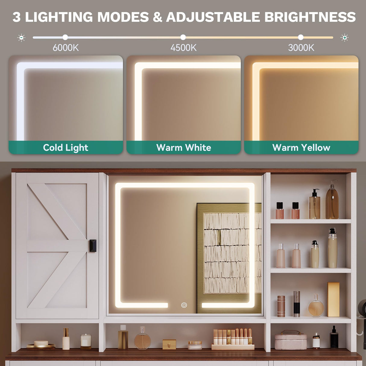 DWVO L Makeup Vanity Desk with Mirror and Lights, Farmhouse Big Lighted Vanity Table Set with 6 Drawers and Cabinet Shelves, 360° Rotation Large Dressing Table for Bedroom, White DWVO