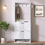 Betoko Hall Tree with Shoes Storage,Farmhouse Entryway Coat Rack Wooden Hallway Mudroom Tree Bench Corner Tree Cabinet with 5 Coat Hooks & 2 Shoes Cabinets and Open Shelf(Rustic White) Betoko