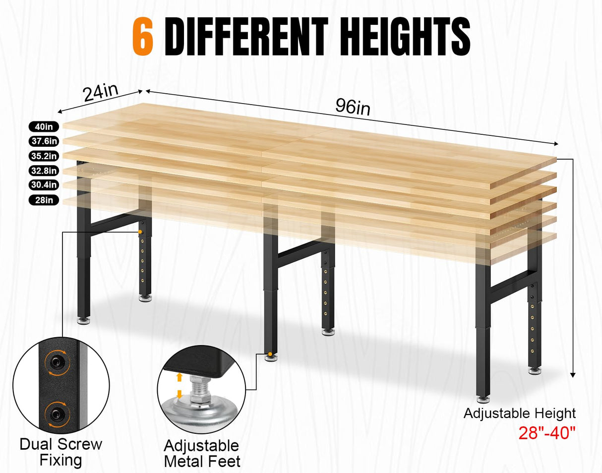 MUWOOD 96”Adjustable Work Bench, 5000 LBS Capacity Heavy Duty Workbench with Power Outlet & Pegboard, Rubber Wood Work Table for Garage, Workshop, Office, Home MUWOOD