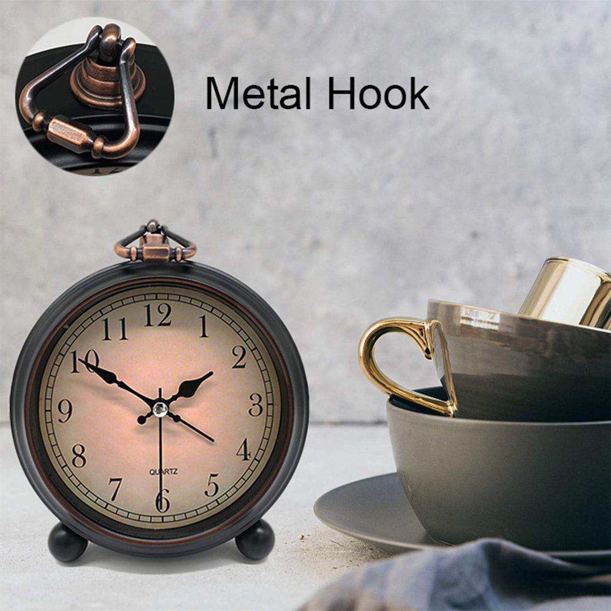 Vintage Retro Analog Alarm Clock, 4 inch Super Silent Non Ticking Small Clock with Night Light, Battery Operated, Simply Design, for Living Room, Bedroom, Bedside, Desk, Gift Clock (Arabic) TooTa