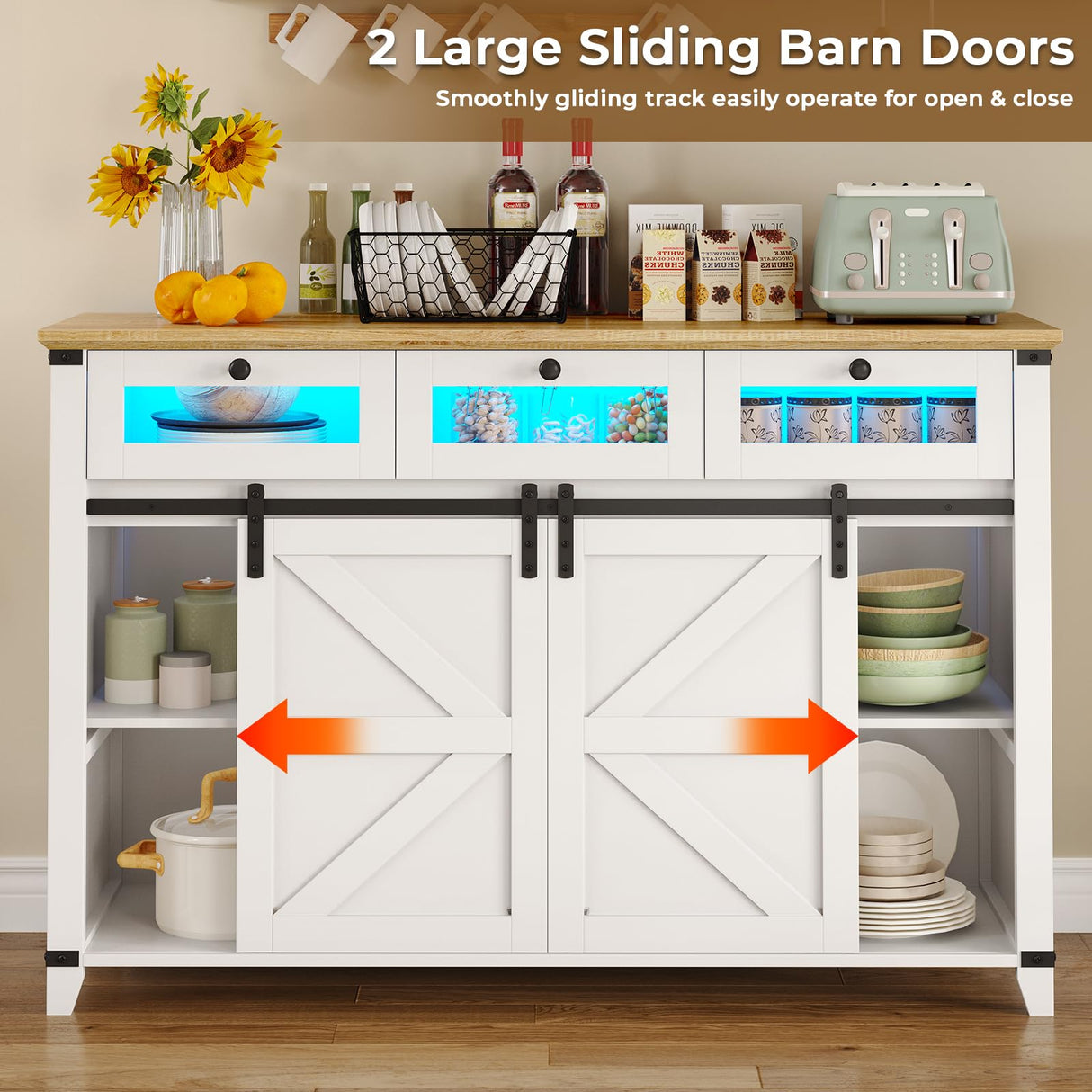 Tiptiper Buffet Sideboard Cabinet with Storage & LED Lights, 6 Drawers & 2 Sliding Barn Door, Farmhouse Buffet Table Coffee Bar Storage Cabinet for Dining Room, Living Room (White) Tiptiper