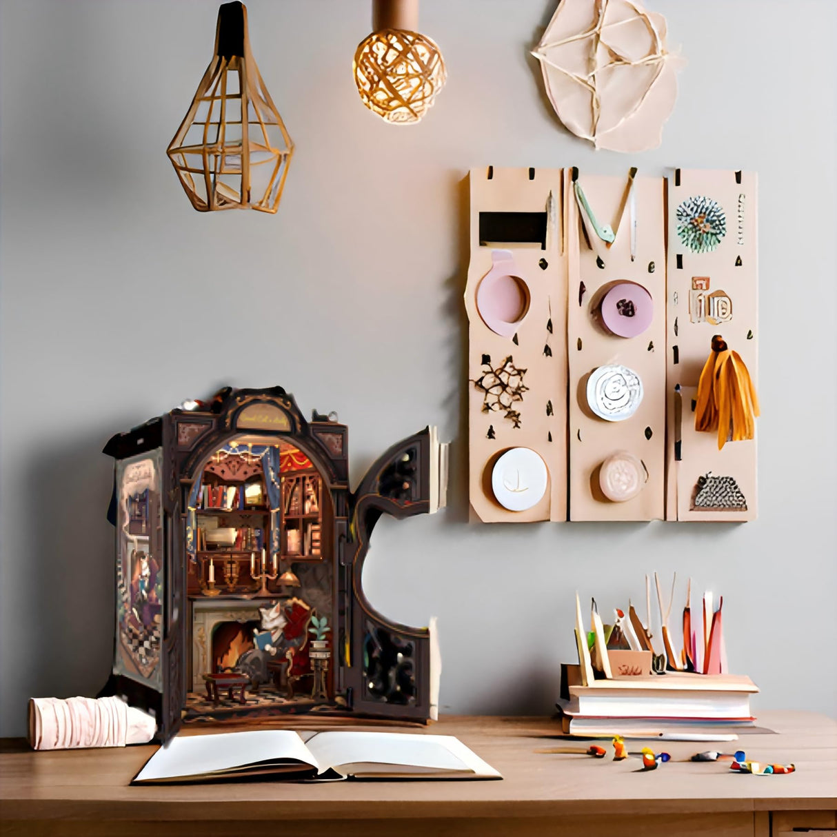 Fsolis Book Nook Kit, DIY Miniature Dollhouse Kit 3D Puzzles for Adults Bookshelf Decor Mini House Tiny Home Craft Gifts for Women Teenagers Book Lovers (Count Cat's Study) Fsolis