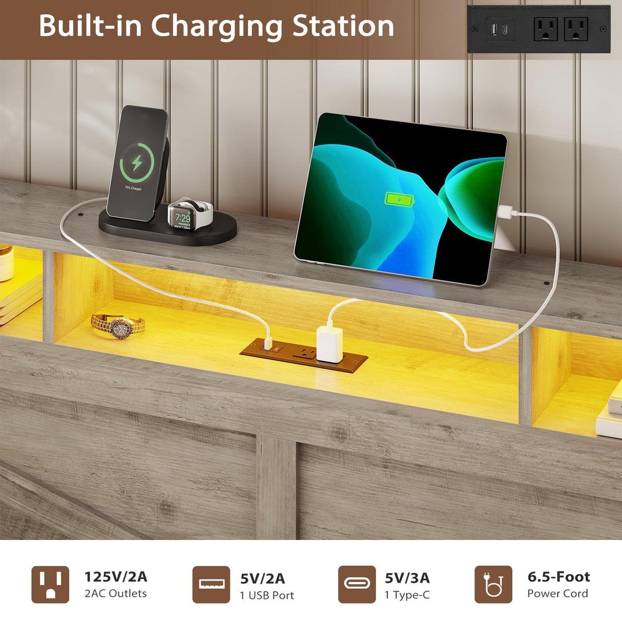 VIAGDO Daybed Twin with Pop Up Trundle, Farmhouse Wooden Day Bed Frame with 3 Storage Drawers and Shelves, Twin to King Daybed with Charging Station and LED Lights for Bedroom, Guest Room, Grey VIAGDO