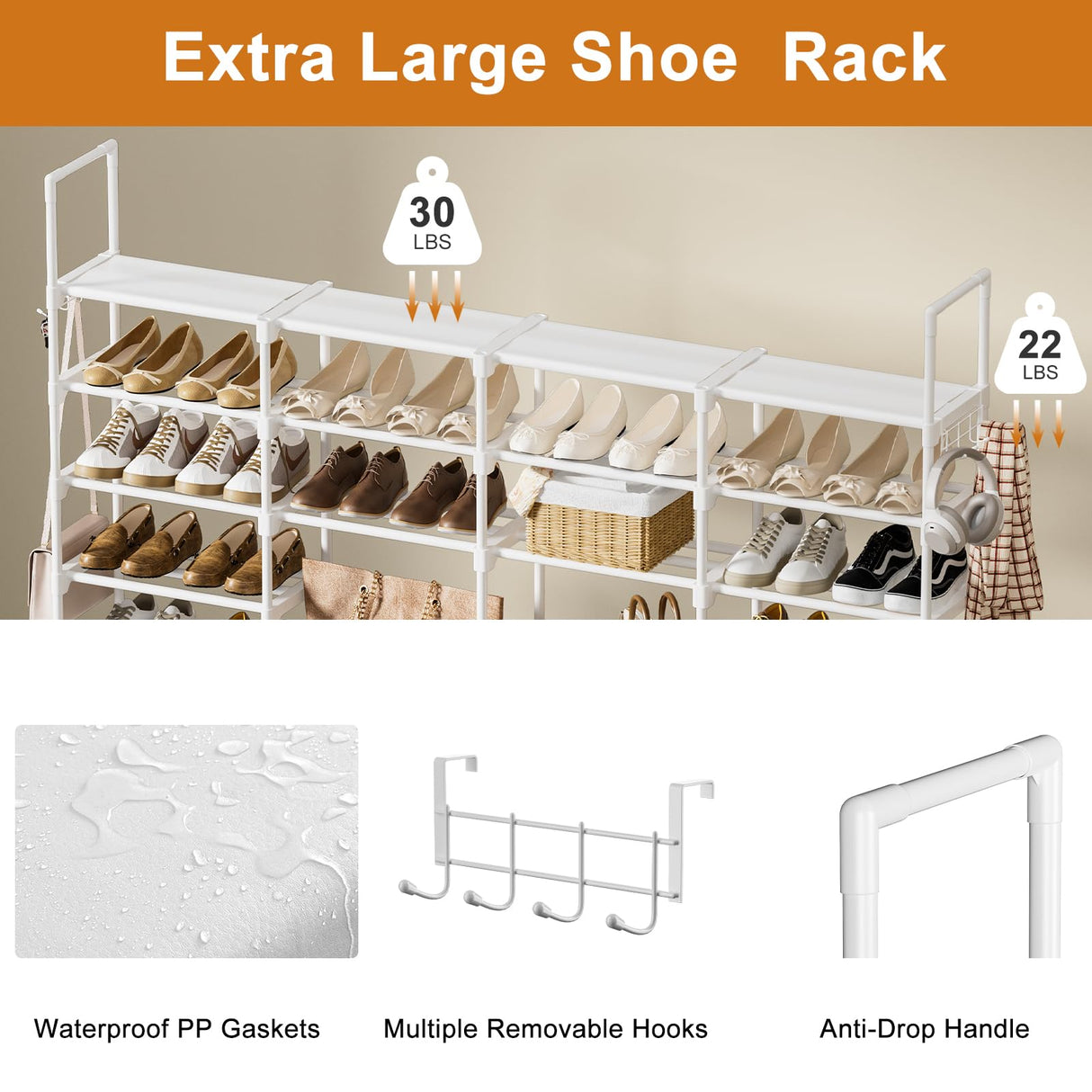 WOWLIVE 4 Row 9 Tiers Extra Large Shoe Rack 64-72 Pairs Big Tall Metal Shoe Shelf, Heavy Duty Organizer for Closet Entryway, Boot Rack Storage Stackable Stand for Garage White WOWLIVE