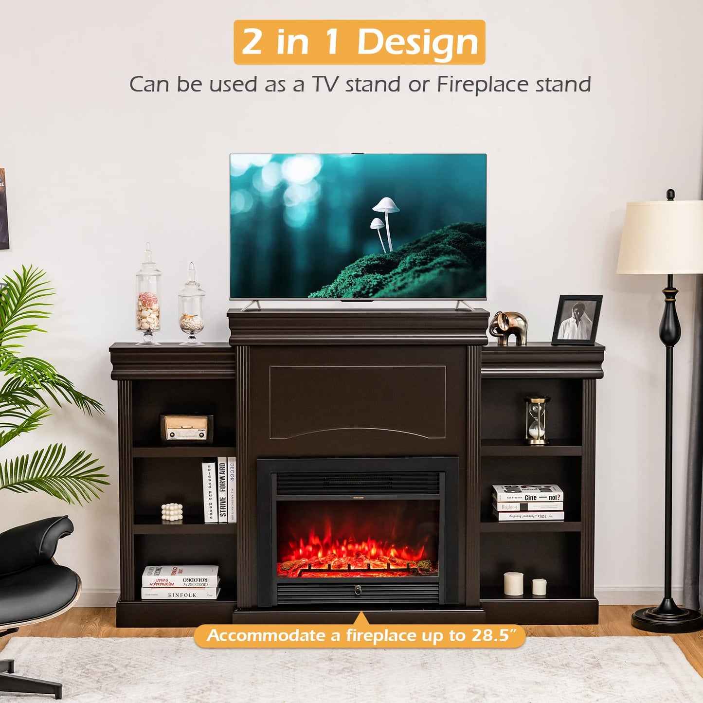 Tangkula 70 Inches Freestanding Mantel Stand, Modern Media Fireplace Cabinet for Living Room Bedroom, Wooden Mantel Console Table w/Storage Shelves for 28.5-Inch Electric Fireplace (Stand Onl - WoodArtSupply