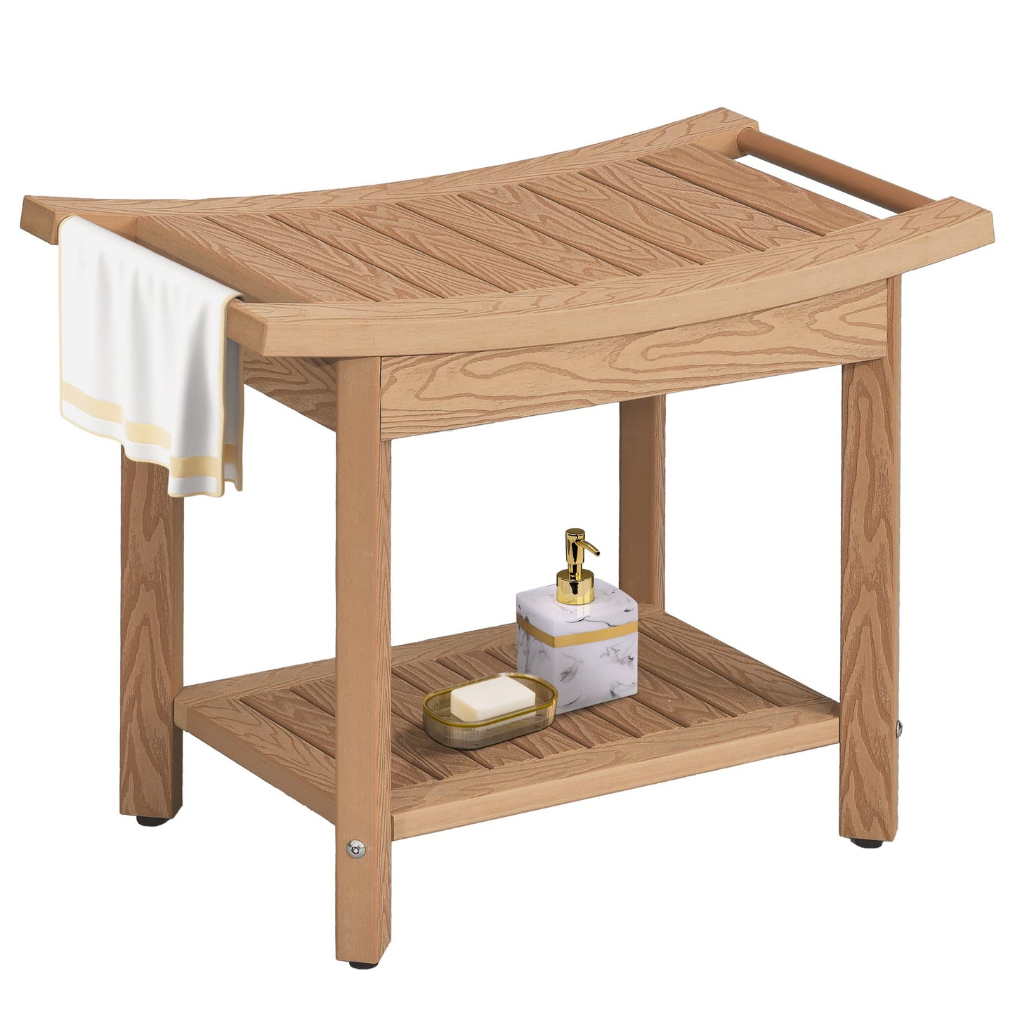 DWVO Poly Lumber Shower Bench, Shower Stool with Handles Storage Shelf, Water Resistant & Non-Slip Design Shower Seat, Large Shower Bath Chairs Spa Stool for Bathroom, 24' x 13' (Teak) - WoodArtSupply