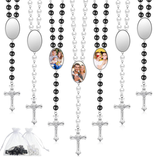 Sublimation Blanks Rosary Beads Necklace Set Catholic Rosary Printable Insert Rosary Necklace Prayer Beads Rosary with Sheer Organza Bags for Baptism Women Men Jewelry Gifts DIY Making (12 Set)