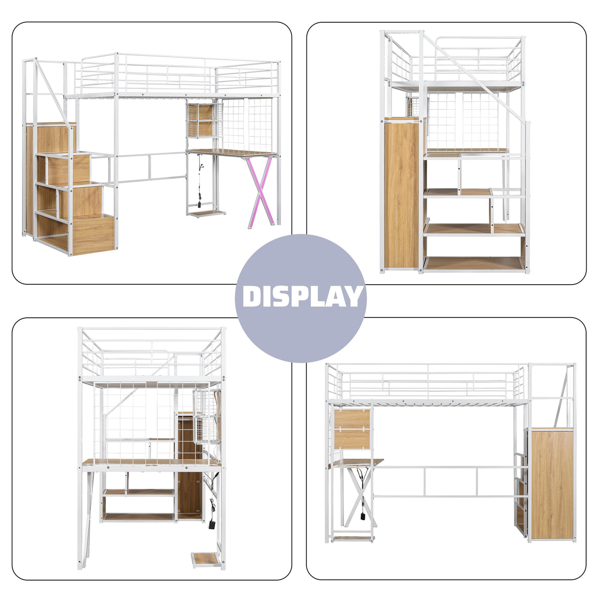 MoproBeti Twin Size Loft Bed with Desk and Storage Stairs,Metal Gaming Twin Loft Bed with LED Lighting, High Loft Bed with Wardrobe and Shelves for Boys,Girls,Teens, Adults,White MoproBeti
