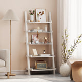 AQIMUELE White Wooden Ladder Shelf with Edges, 5-Tier Modern Leaning Bookshelf Ladder – Stylish Space-Saving Bookcase for Living Room, Bedroom & Home Office AQIMUELE