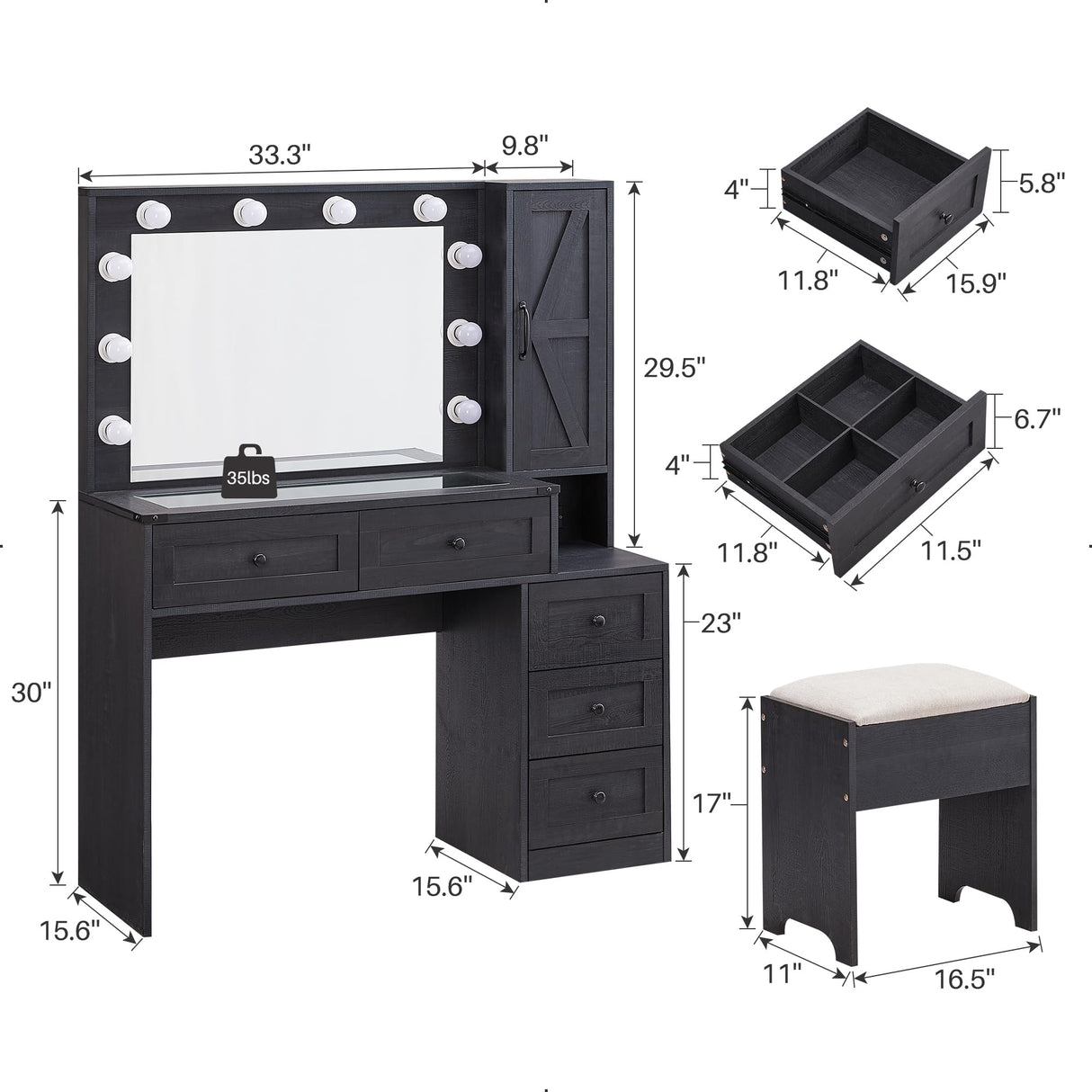 JXQTLINGMU Farmhouse Vanity Makeup Desk with Charging Station, 43" W Vanity Desk with Lights Mirror and Drawers for Makeup, Big Modern Makeup Table Set with Stool for Bedroom, Black JXQTLINGMU