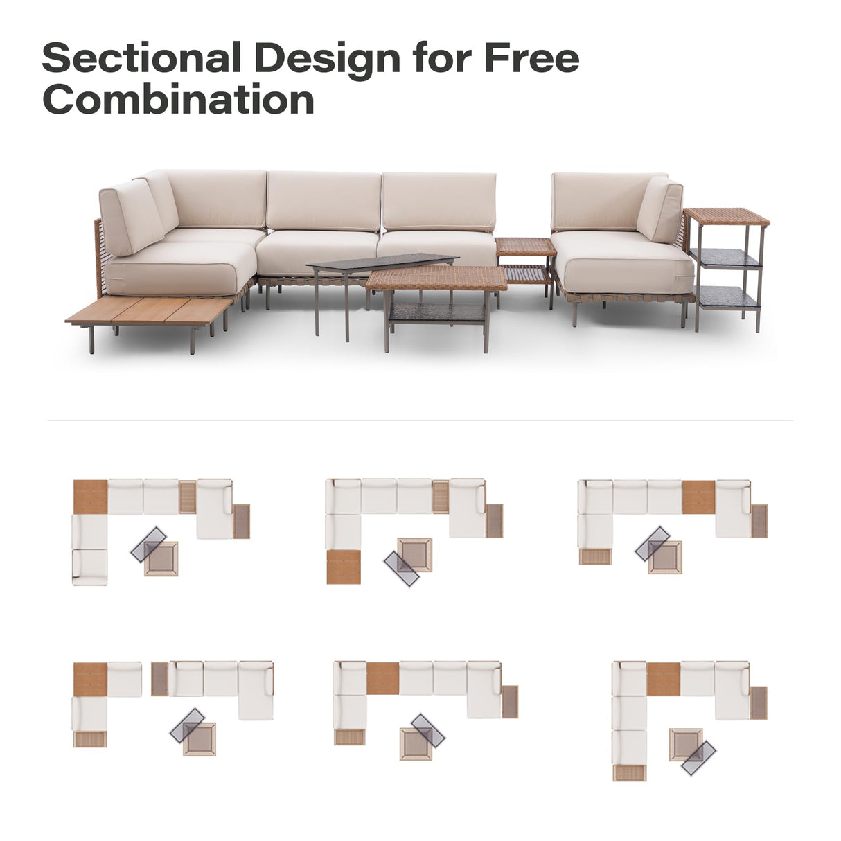 LAUSAINT HOME Outdoor Patio Furniture Set, 10-Piece Wicker Outdoor Conversation Set PE Rattan Sectional Sofa with Washable Cushions and Tempered Glass Table for Garden (Beige) LAUSAINT HOME