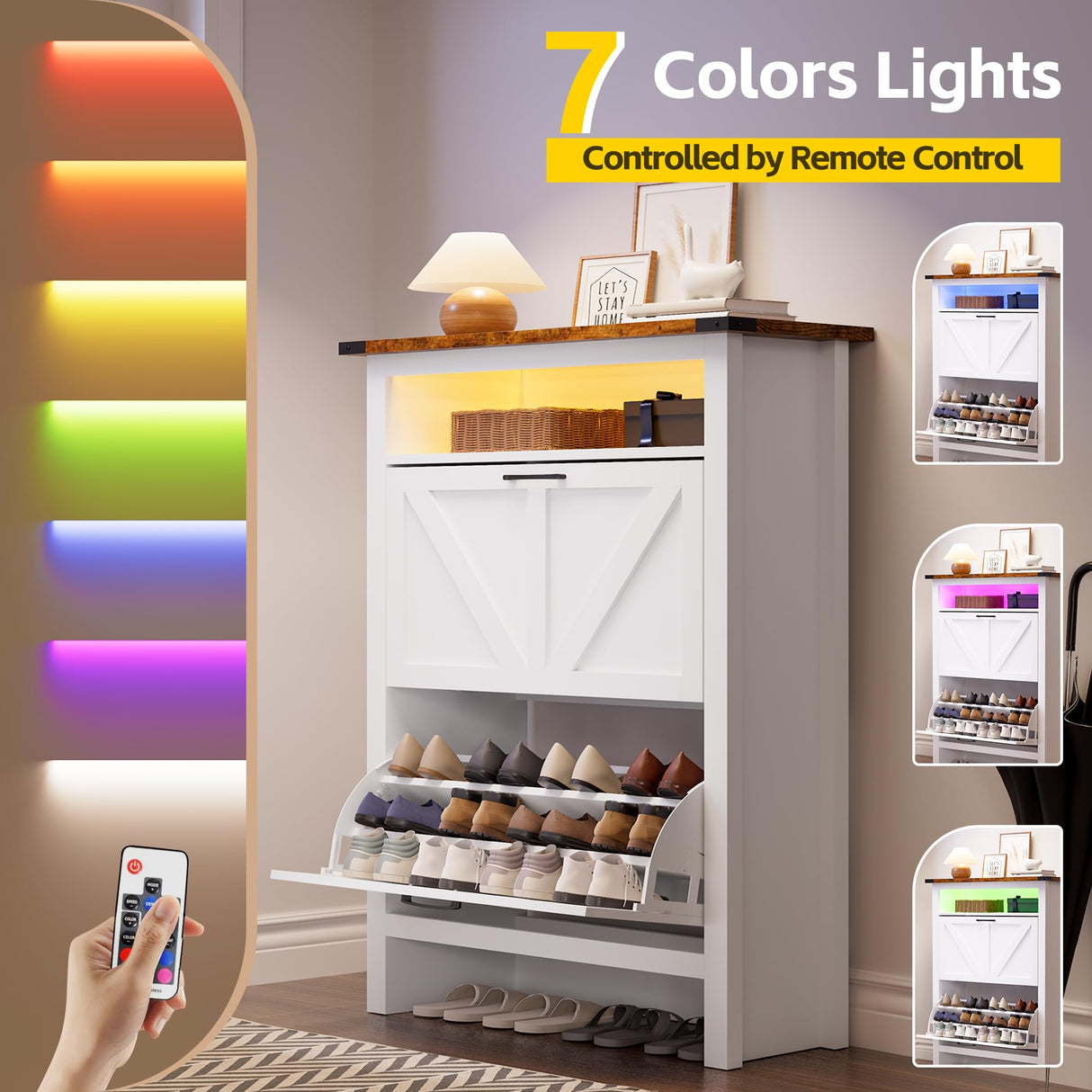 MU Shoe Cabinet with 2 Flip Drawers & Open Storage Space, Entryway Shoe Storage Cabinet with LED Light, Hidden Shoe Organizer for Entryway, White MU