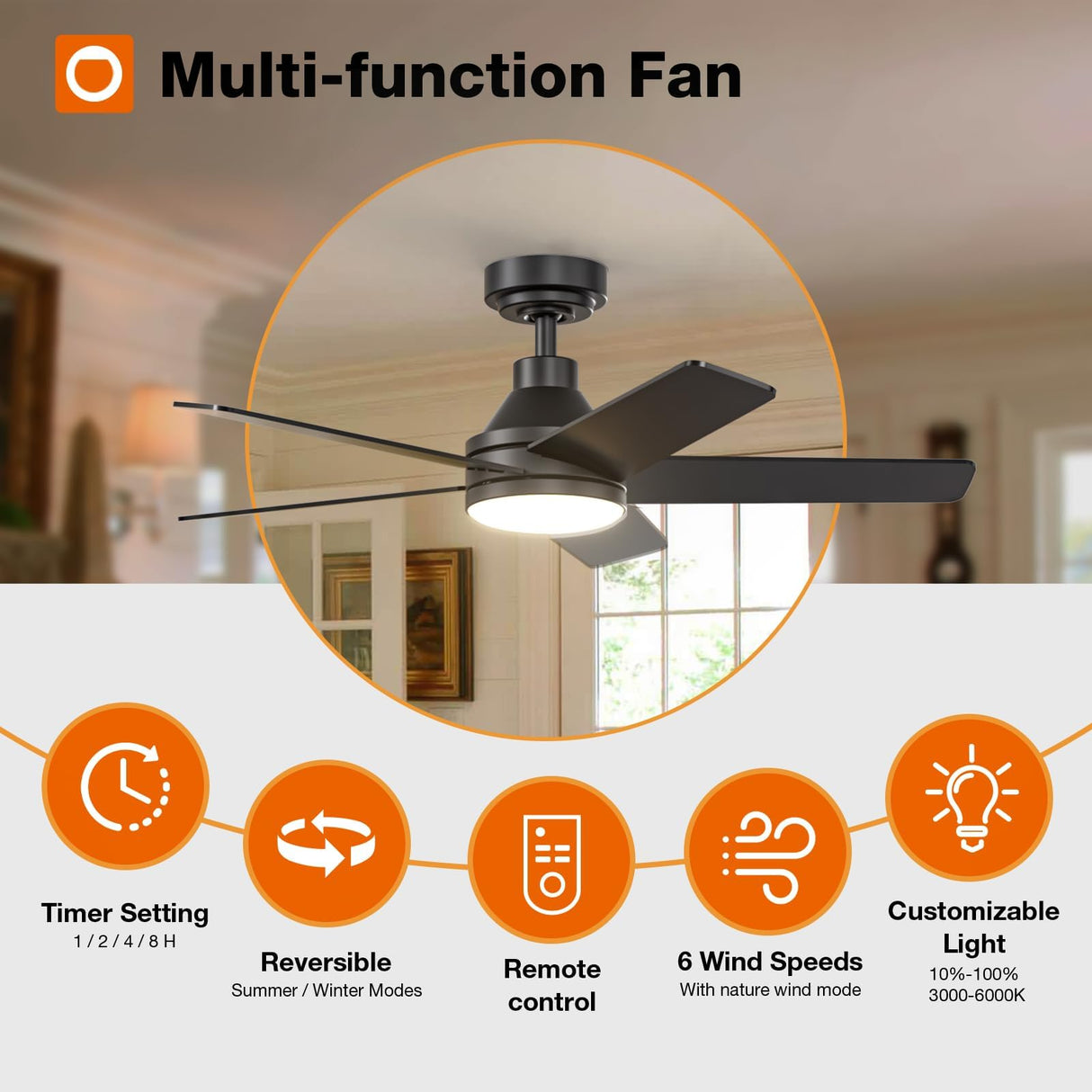 addlon Ceiling Fans with Lights, 42 inch Black Ceiling Fan with Light and Remote Control, Reversible, 3CCT, Dimmable, Noiseless, Small Ceiling Fan for Bedroom, Farmhouse, Indoor/Outdoor Use addlon