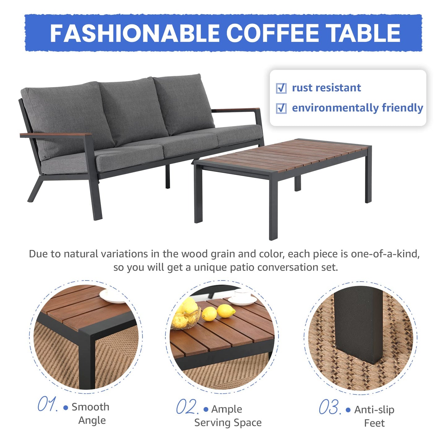 Soleil Jardin Aluminum Patio Furniture Set with FSC Certified Solid Wood Top Armrest & Coffee Table, Outdoor Deep Seating Sectional Sofa, 5 Piece Conversation Sets w/Removable Cushion, Dark G - WoodArtSupply