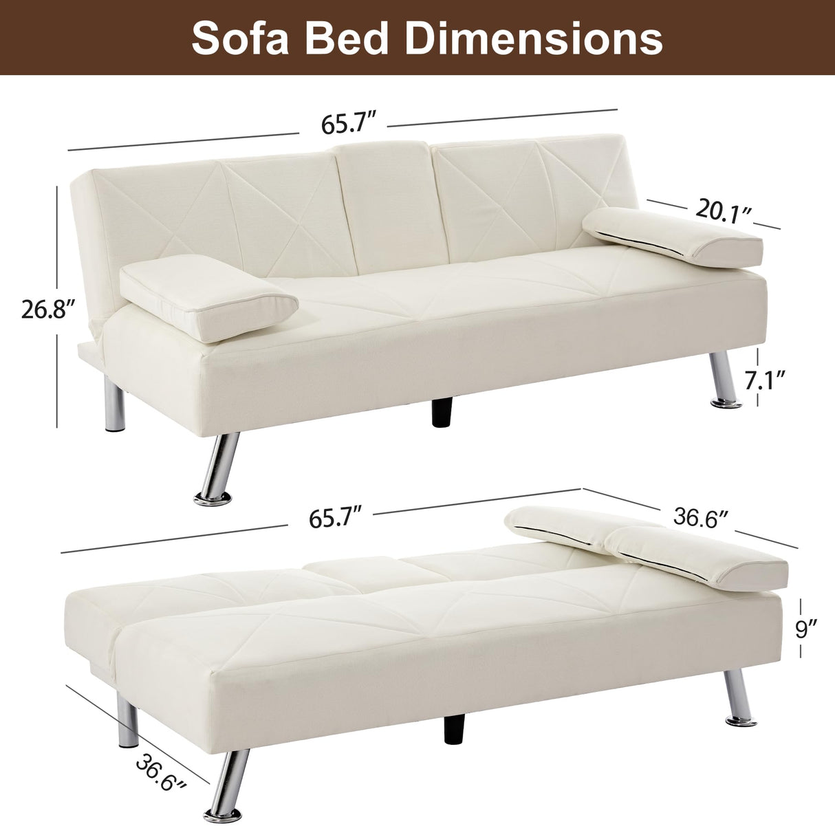 VECELO Modern Convertible Folding Futon Sofa Bed with Removable Armrests Breathable Linen Recliner Couch for Living Room/Apartment Lounge, 2 Cup Holders, White VECELO