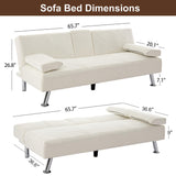 VECELO Modern Convertible Folding Futon Sofa Bed with Removable Armrests Breathable Linen Recliner Couch for Living Room/Apartment Lounge, 2 Cup Holders, White VECELO