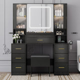 BORNOON Makeup Vanity with LARGE Lighted Mirror and Chair, 7 Drawers Vanity Makeup Desk Table with Power Strip, Adjustable Lighting, and Cushioned Storage Stool for Women, Girls, Teens, and Home Decor BORNOON