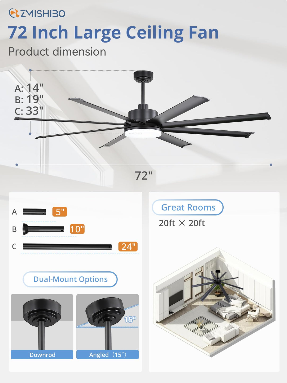 ZMISHIBO 72 Inch Smart Ceiling Fan with Light, Large Industrial Ceiling Fan with Modern 8 Aluminum Blades, 3000-6000K Dimmable, 6 Speeds, Black Fan Light with Remote/Alexa/App for Patio Living Room ZMISHIBO