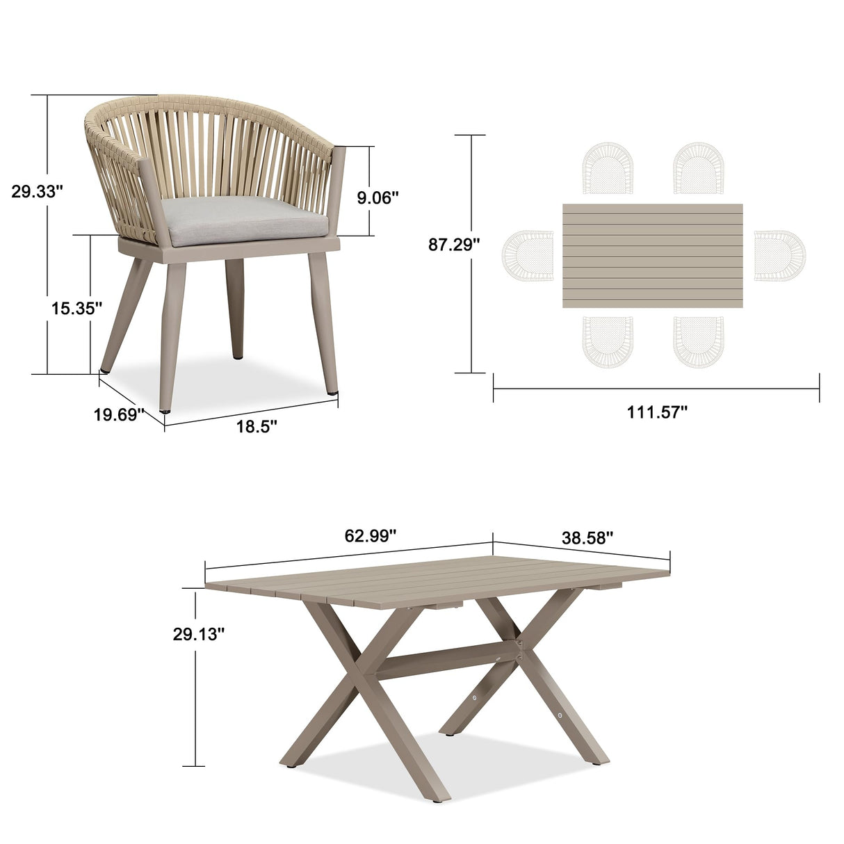 PURPLE LEAF 7 Pieces Outdoor Dining Set with Patio Aluminium Dining Table and Wicker Rattan Chairs Modern Furniture Cushions Sets for Backyard Indoor Decor Kitchen Champagne PURPLE LEAF